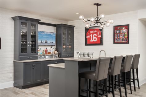 Sports Theme Basement, Basement Bar Cabinets, Modern Basement Ideas, Basement Sports Bar, Basement Bar Area, Transitional Basement, Transitional Bar, Basement Bar Plans, Home Bar Rooms