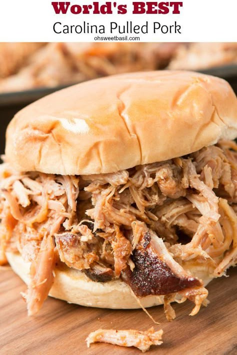 The world's BEST carolina pulled pork! No, really it is! ohsweetbasil.com Carolina Pulled Pork, Crockpot Pulled Pork, Pulled Pork Recipes, Pork Sandwich, Pulled Pork Sandwich, Bbq Pulled Pork, Bbq Pork, Pork Dishes, Pork Roast