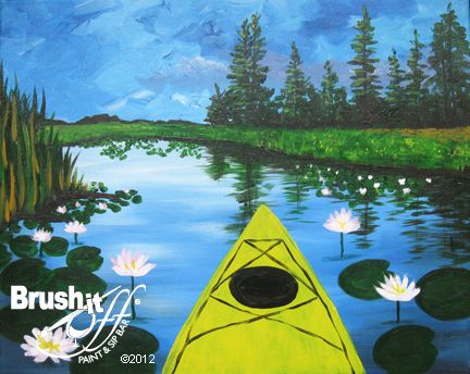 Whimsical Lake Art, Kayak Painting, Painting Camper, Paint With Friends, Acrylic Beginner, Kayak Art, Paint Nite, Lake Painting, Painting Party