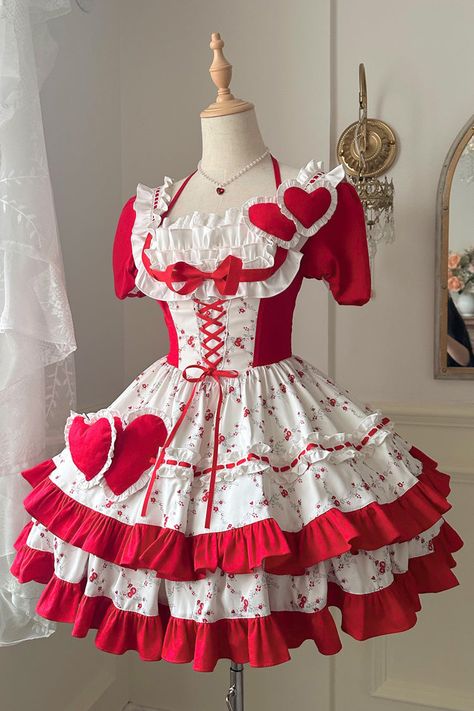 Process Time: Could be shipped out in 30-45 days. Fabric: Polyester Color: Red Feature: Double-Layered, Print, Ruffle, Bowknot Style: Sweet Include: Dress*1 + Heart Necklace*1 Size (IN) Bust Waist Sleeve Length Shoulder Width Length S 31.50-35.43 25.20-29.13 8.66 12.99 32.28 M 33.07-37.01 26.77-30.71 9.06 13.39 32.87 L 34.65-38.58 28.35-32.28 9.45 13.78 33.46 Size (CM) Bust Waist Sleeve Length Shoulder Width Length S 80-90 64-74 22 33 82 M 84-94 68-78 23 34 83.5 L 88-98 72-82 24 35 85 Lovecore Fashion, Puffy Skirt, Red And White Dress, Puffy Dresses, 2 Hearts, Dream Aesthetic, Heart Dress, Sweet Lolita, Necklace Size