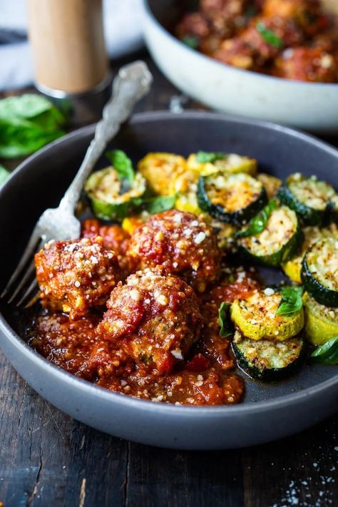 Turkey Meatballs w/ Sun-dried Tomatoes & Basil | Feasting At Home Easy Nutrient Dense Meals, Summer Meatball Recipes, Turkey Meatballs Recipes, Turkey Meatballs With Zucchini, Low Carb Turkey Meatballs, Pescatarian Food, Meatballs Recipes, Feasting At Home, Easy Marinara Sauce