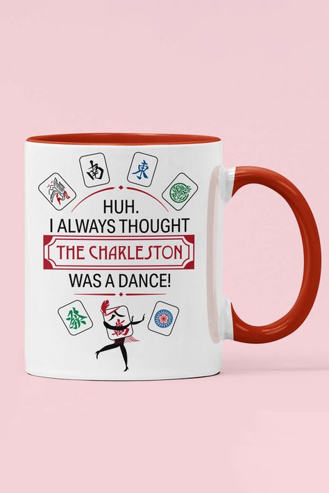 White mug with a red interior and handle on a pink background. The image on the mug is of several mahjong tiles, one of them dancing. The expression is: Huh. I always thought the Charleston was a dance! Mah Jongg, Group Gifts, Funny Gifts, Charleston, Coffee Cup, Holiday Gifts, Coffee Cups, Coffee Mug, Cricut