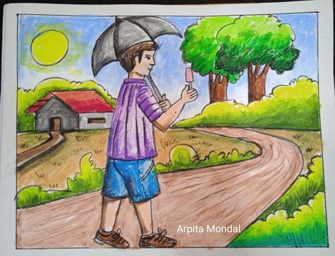 By arpita mondal Summer Season Drawing Ideas, Summer Scenery Drawing, Summer Drawing For Kids, Picture Colouring, Philippines Drawing, Summer Season Drawing, Students Drawing, Scenery Drawing For Kids, Easy Scenery