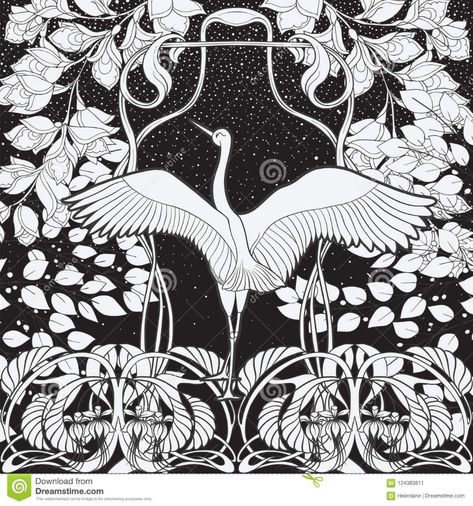 Poster, Background With Decorative Flowers And Bird In Art Nouveau Style. Black-and-white Graphics.n Stock Vector - Illustration of blackandwhite, branches: 124383811 Sunflower Art Project, Bunny Art Projects, Chalk Pastel Art, Art Nouveau Illustration, Art Deco Illustration, Bird Poster, Fairytale Illustration, Poster Background, Bunny Art