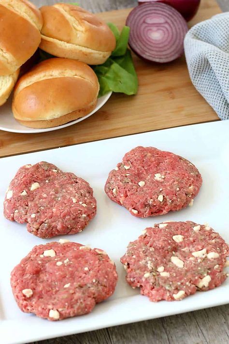 Patties formed for this homemade burger recipe. These feta cheese burgers are ready to be grilled. Feta Hamburger Patties, Burgers With Feta Cheese, Feta Burgers Beef, Feta Stuffed Burgers, Feta Cheese Burgers, Feta Burger, Turkey Feta Burgers, Homemade Burger Patties, Oven Burgers