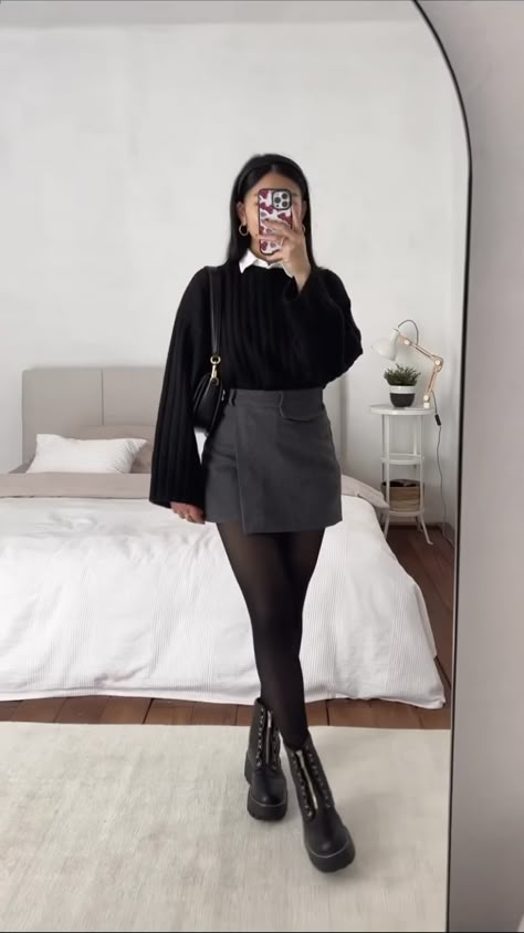 Black Fall Skirt Outfits, Skort With Stocking Outfit, Black Blouse Work Outfit, Fireworks Outfit Winter, 18th Bday Outfit Ideas Winter, Family Christmas Party Outfits Casual, Autumn Outfits Chic, Leather Skirt Outfit Winter Party, Cute Mini Dress Outfits