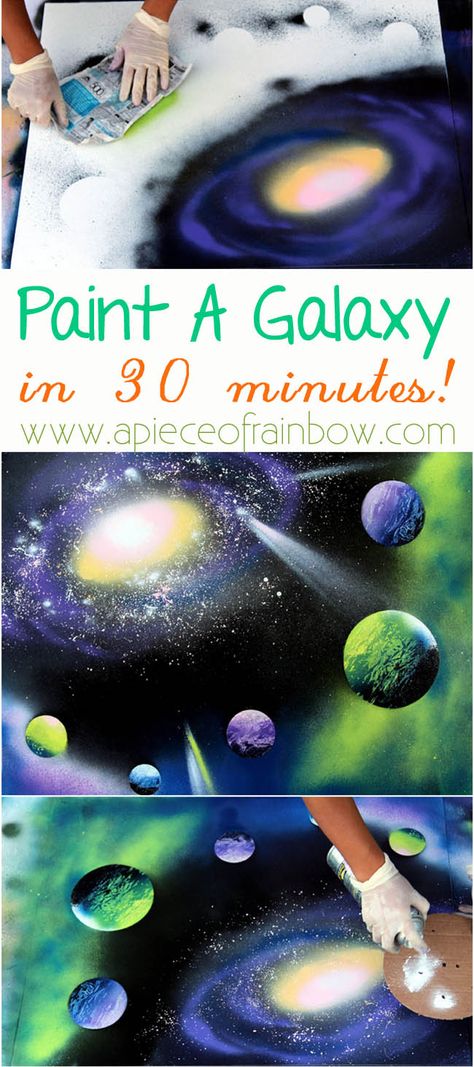 Anyone can paint a galaxy in 30 minutes with these fun techniques!! | A piece of rainbow blog Art Galaxie, How To Spray Paint, Diy Galaxy, Spray Paint Art, Soyut Sanat Tabloları, Galaxy Painting, Galaxy Art, Contemporary Abstract Art, Art How