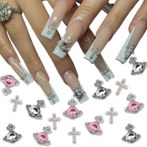 25 PCS Planet Nail Art Charms White Pink 3D Cross Nail Art Supplies with Rhinestones Saturn Shape Design Nail Gems Shiny Nail Planet Nail Art, Cross Nail Art, Planet Nails, Cross Nails, Pink 3d, Nail Art Charms, Shiny Nails, Trendy Nail Art, Gem Nails