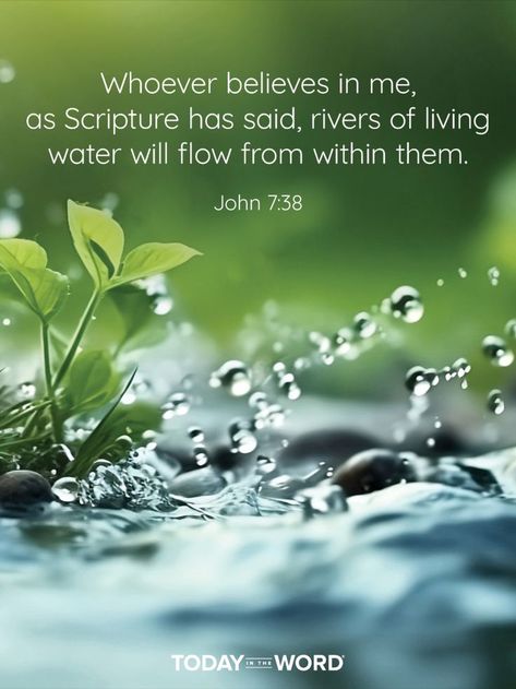 Whoever believes in me, as Scripture has said, rivers of living water will flow from within them. - JOHN 7:38 Today in the Word - a daily devotional Bible study🙏 #Christian #bibleverses #christianquotes Living Water Scripture, John 7 38, Comforting Scripture, Rivers Of Living Water, Journal Bible Quotes, Devotional Bible, Water Quotes, Bible Verse For Today, Faith Scripture