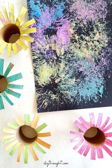 Paper Roll Fireworks, Fireworks Painting, Firework Art, Simple Art Activity, Firework Painting, 4h Projects, Diy Kid Activities, Fireworks Art, Polar Bear Art