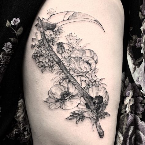 Dark Garden Tattoo, Asphodel Tattoo, Asphodel Flower Tattoo, Gothic Hip Tattoo, 9 Lives Tattoo, Edgy Flower Tattoo, Poisonous Flowers Tattoo, Spooky Flower Tattoo, Scythe Tattoo