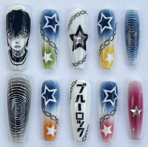 Soul Eater Nail Designs, Blue Lock Nails, Attack On Titan Nails, Soul Eater Nails, One Piece Nails, Anime Nails Art, Nail Anime, Anime Nails, Modern Nails