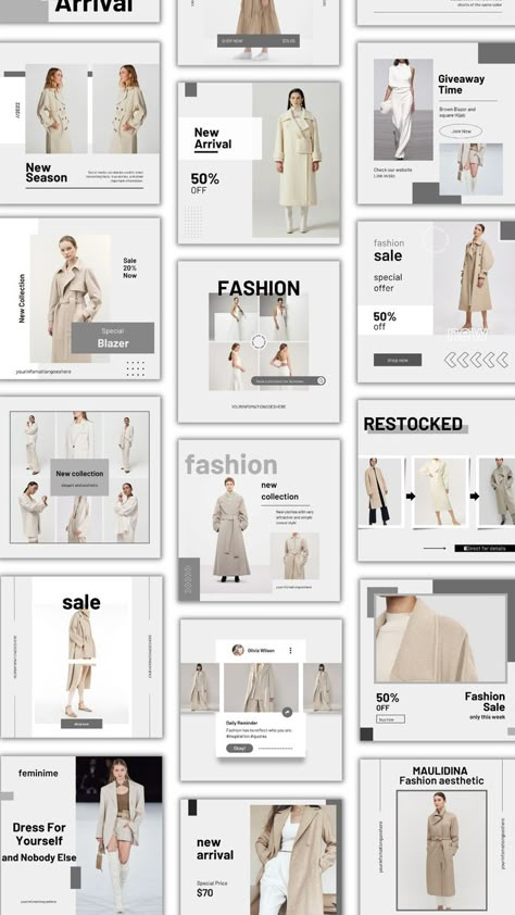 This Fashion Social Media Pack will help you to make your Instagram account visually consistent and develop your own brand with our eye-catchy and unique design. This is also a perfect way to engage with your audience. It will help to make your profile more recognizable. Instagram Template Fashion Brand, Fashion Feeds Instagram, Instagram Lookbook Layout, Fabric Instagram Feed, Fashion Social Media Template, Fashion Design Social Media Post, Social Media Clothing Post, Instagram Feed For Clothing Brand, Clothes Instagram Post Design