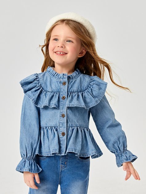 Light Wash Cute Collar Long Sleeve Denim Plain Peplum Embellished Non-Stretch  Toddler Girls Clothing Tencel Denim, Kids Designer Dresses, Denim Blouse, Girls Blouse, Flounce Sleeve, Girls Denim, Toddler Girl Outfits, Denim Top, Girls Clothing