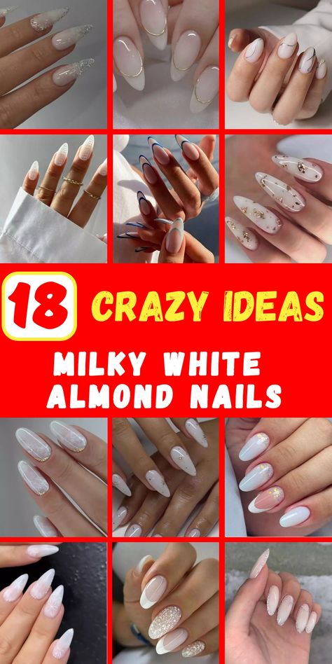 Explore the world of milky white almond nails with our selection of 18 stunning designs. From elegant French tips adorned with gold foil to glittering diamond accents, these ideas offer something for every occasion, including Christmas and Valentines. Whether you prefer long or medium lengths, discover how simple yet chic these nails can be with the right inspo. White Almond Nail Designs, Milky White Almond Nails, Matte Almond Nails, Almond Nail Designs, Classy Almond Nails, Almond Acrylic Nails Designs, White Almond Nails, French Tip Design, Nail Types