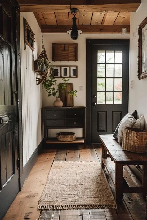 Entryway accent wall in a cozy modern cottage Cottage Entryway, Entry Way Design, Entryway Ideas, Modern Cottage, Rustic Cottage, Pretty House, House Inspo, Modern Elegance, House Inspiration