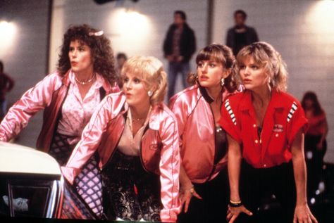 "Grease 2" movie still, 1982.  L to R: Maureen Teefy, Lorna Luft, Alison Price, Michelle Pfeiffer. Stockard Channing Grease, Maxwell Caulfield, Pink Ladies Grease, Grease Live, Grease Movie, Grease Is The Word, Grease 2, Susan Sontag, Worst Movies