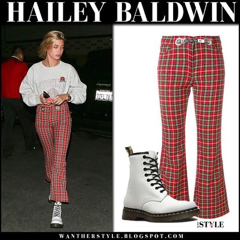 Plaid Flare Pants Outfit, Checked Pants Outfit, Petite Midsize, Plaid Flare Pants, Hailey Baldwin Street Style, Checked Pants, White Leather Boots, Hailey Baldwin Style, Thrift Inspo