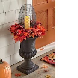 Planters - Designs For Indoor Or Outdoor Plants | Country Door Urn Planters Front Door, Front Door Planter Ideas Entrance, Fall Urns For Front Porch, Fall Containers Planters, Fall Urns, Porch Urns, Fall Urn, Rustic Farmhouse Modern, Fall Porches