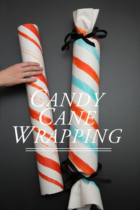 DIY Candycane wrapping via @HouseLarsBuilt | Last minute gift wrap ideas Candy Wrapping Ideas Packaging, How To Wrap Tube Presents, Candy Gift Wrap, Wrapping A Tube Gift, How To Wrap A Gift Like A Candy, Candy Gift Wrapping Ideas, Candy Wrapping Ideas, Professional Gift Ideas, Creative Corporate Gifts