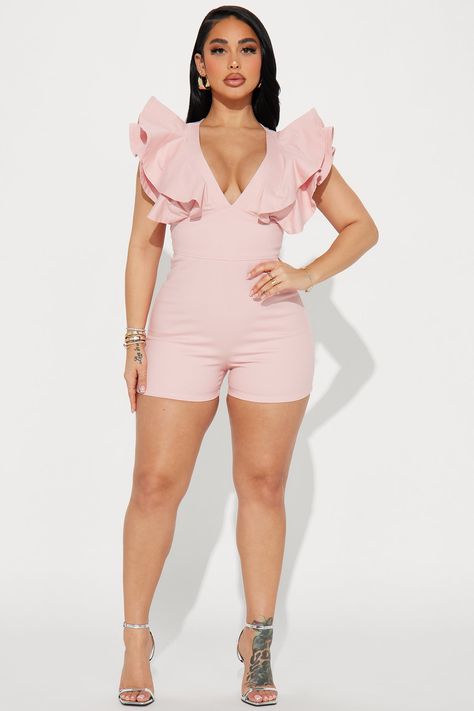 Available In Pink And White. Romper Short Sleeve Ruffle Trim V Neck Back Zipper Short Slight Stretch 97% Cotton 3% Spandex Imported | Can't Deny This Denim Romper in Pink size Medium by Fashion Nova Zipper Shorts, Service Women, White Romper, Denim Romper, Popular Outfits, Active Wear Outfits, Jeans Jumpsuit, Short Rompers, Matching Dresses