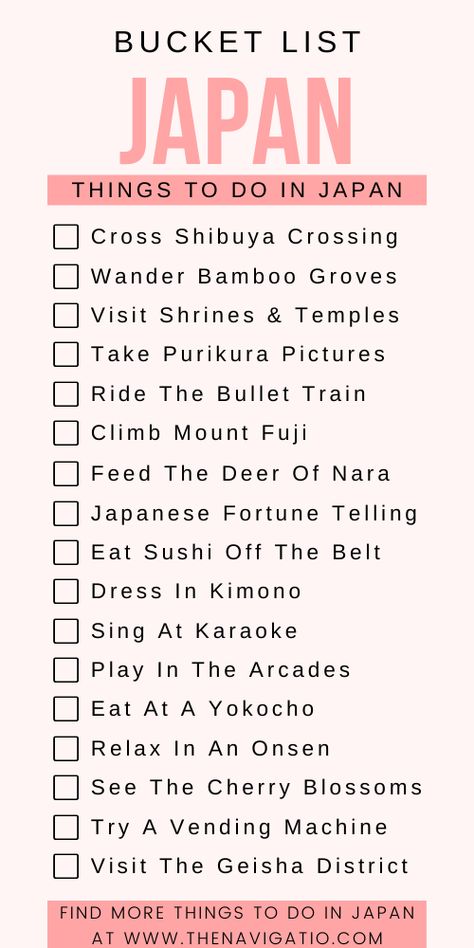 Japan Bucket List Challenge, Japan Travel Checklist, What To Do In Japan Tokyo, Tokyo To Do List, Japan To Do List, Places To Go In Tokyo Japan, Kyoto Bucket List, Thing To Do In Japan, Osaka Japan Itinerary