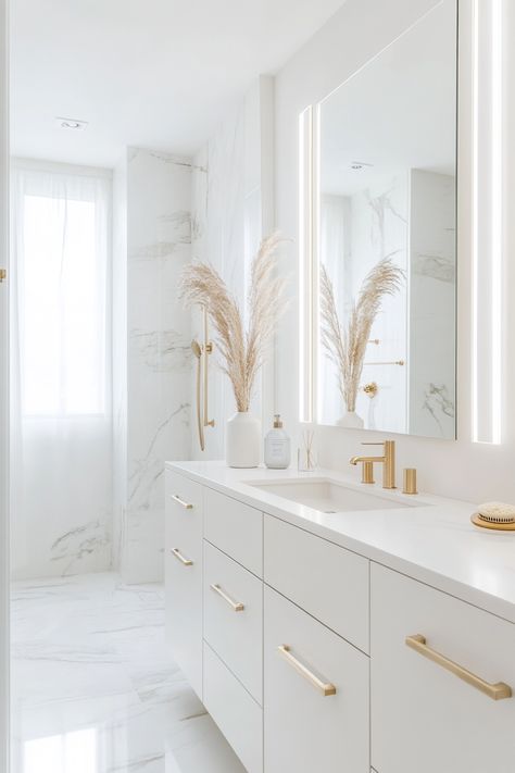 Discover modern bathroom ideas that combine sleek designs with ultimate comfort. This elegant white and gold decor enhances space, providing a fresh, clean look. Perfect inspiration for a serene and stylish upgrade. #HomeDecor #BathroomDesign #ModernBathroomIdeas White And Gold Ensuite, Small White And Gold Bathroom, White And Gold Bathroom Ideas Small, White Bathroom Gold Fixtures, White Aesthetic Bathroom, Bathroom All White, Bathroom White And Gold, Bathroom White Gold, White And Gold Bathroom Ideas