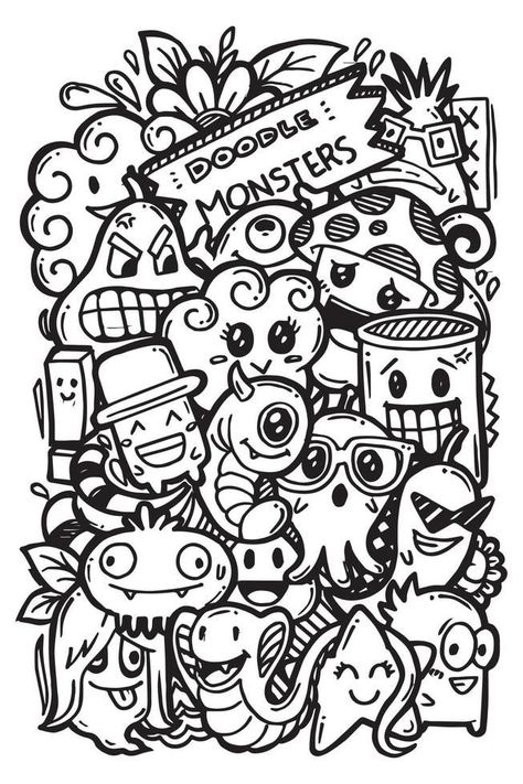 Doodle Cartoon Art, Doodle Drawings Colourful, Cute Graffiti Doodles, Coloring Pages Doodle Art, Easy Doodle Art Design, Cute Monster Doodles, Shape Doodles, Doodle Art Coloring Pages, Cartoon Doodle Art