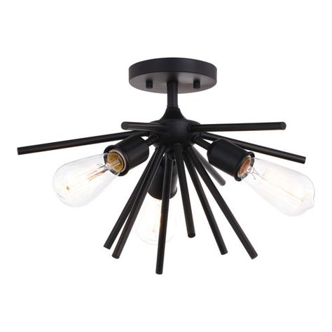 Vaxcel Estelle Matte Black Three Light Semi Flush Mount C0249 | Bellacor Sputnik Light Fixture, Black Mid Century Modern, Living Room Foyer, Semi Flush Ceiling Lights, Filament Bulb, Led Flush Mount, Flush Ceiling Lights, Semi Flush Mount, Flush Mount Lighting