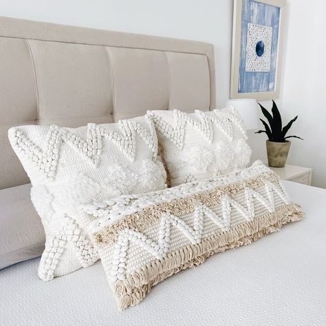 "White Boho Three Pillow Combo includes: Two  'White Alonisos' in 24\"x24\" in neutral (recommended insert 26\"x26\") One 'Skiathos' Long Lumbar in 12\"x36\" (recommended insert 14\"x36\") Mix & Match with these playful throw pillows cover and add some boho texture in your sofa or bed room. Hand crafted of 100% woven cotton. All our designs are made in our home studio in Miami and are handcrafted in India by independent artisans. Pillow cover features: *100% cotton *Inserts are NOT included. For Textured Throw Pillow, Boho Texture, Boho Throw Pillow, Pillow Combos, Neutral Bedding, Cream Pillows, Textured Throw Pillows, Scandi Boho, Boho Throws