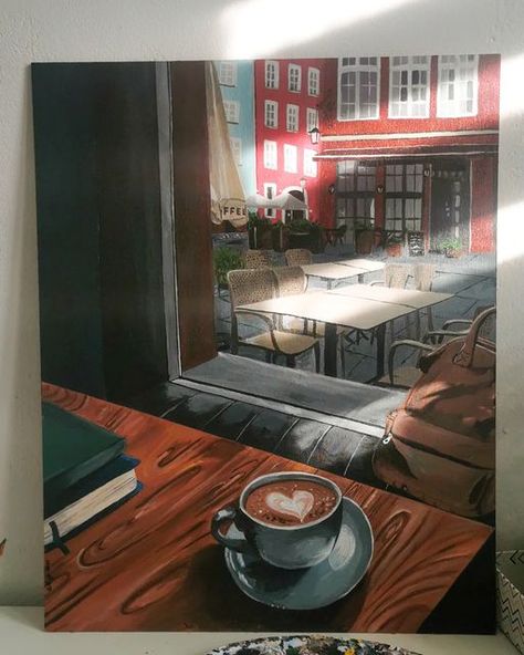 Coffee Shop Painting Ideas, Coffee Shop Artwork, Coffee Shop Painting, Coffee Shop Drawing, Coffee Shop Art, 2d Painting, Bulletin Journal, Children Drawing, Ipad Painting