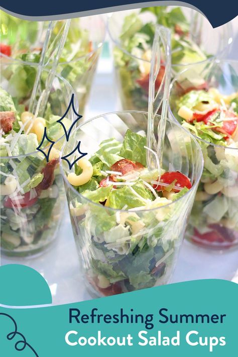 Refreshing Summer Cookout Salad Cups make BBQs a breeze. Salad Cups For Party, Cookout Salad, Salad Cups, Cup Recipes, Summer Picnic Food, Salad Recipes Healthy Lunch, Pudding Cup, Bbq Salads, Summer Cookout