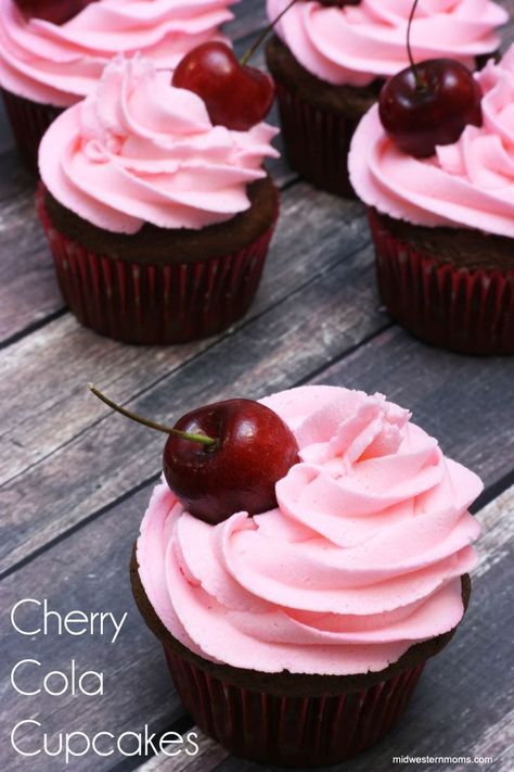 Cherry Cola Cupcakes Recipe. The soda gives the cupcakes a slight cherry flavor while enhancing the chocolate. Top with cherry buttercream frosting and a fresh cherry! Cherry Buttercream Frosting, Cola Cupcakes, Coke Cupcakes, Cherry Buttercream, Coca Cola Cherry, Cherry Cupcakes, Cherry Coke, Fresh Cherry, Torte Cupcake