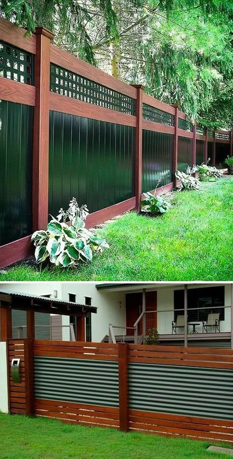 Backyard Fence Ideas, Privacy Fence Landscaping, Fence Decorations, Corrugated Metal Fence, Diy Backyard Fence, Deck Piscina, House Fence Design, Privacy Fence Designs, Corrugated Board