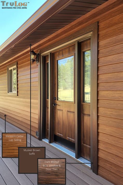 Cedar Sided Houses, Cedar Siding Exterior Colors, Vertical And Horizontal Siding Exterior, Cedar Accents On House Exterior, Trulog Siding, Cedar Siding Exterior, Cedar Siding Colors, Brown Siding, Cedar Lap Siding