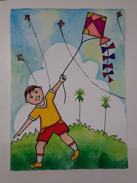 Makar sqnkranti drawing ideas for kids,kite flying kids drawing,kids flying kite drawing Kite Flying Painting, Makar Sankranti Drawing Ideas, Kite Painting Ideas, Sankranti Drawing For Kids, Makar Sankranti Drawing For Kids, Flying Kites Drawing, Kite Flying Drawing, Kids Drawing Ideas Easy Nature, Kites Drawing