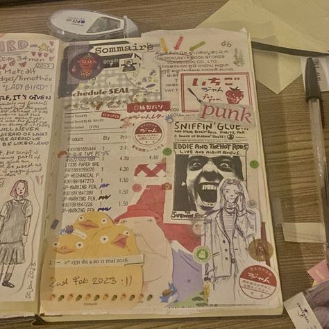 Journal spread made in February with different types of scraps, receipts from bookstores and stationery store; Studio Ghibli post-its and stickers. Far Aesthetic, Crow Journal, Punk Journal, Aesthetic Scrapbooking, Magazine Journal, Scrapbooking Idea, Memo Pad Design, Space Junk, Sketchbook Sketches