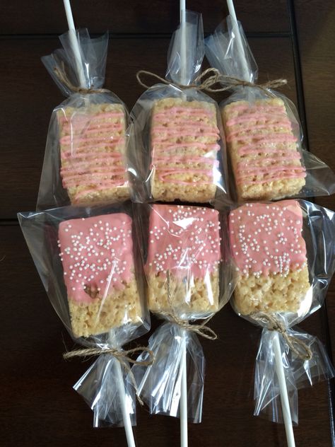 Pink Rice Krispy Pops Rice Krispie Treats Decorated Pink, Pink Rice Krispie Treats On A Stick, Pink And Green Rice Krispy Treats, Pink Chocolate Covered Rice Krispies, Pink Rice Crispy Treats, Grad Cupcakes, Rice Krispie Pops, Gender Reveal Food, Dig Pink