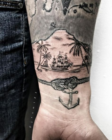 Nautical Leg Tattoo Men, Nautical Hand Tattoos For Guys, Cruise Ship Tattoo Ideas, Sea Tattoo Men, Small Ship Tattoo, Sail Boat Tattoo, Anchor Tattoo For Men, Ship Tattoo Ideas, Rocket Ship Tattoo