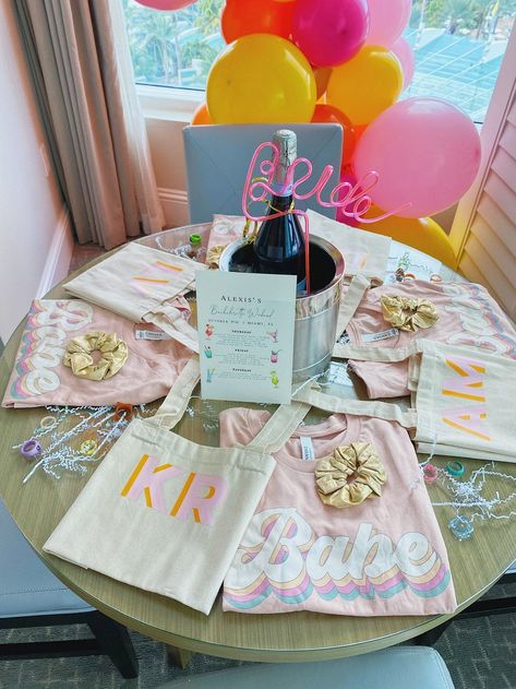 Miami Bachelorette Decor Set Up by Got Your Bash Custom Champagne Labels, Miami Bachelorette Party, Hangover Kit Bags, Itinerary Design, Bride To Be Balloons, Bachelorette Planning, Bridal Boxes, Retro Bride, Babe Shirt