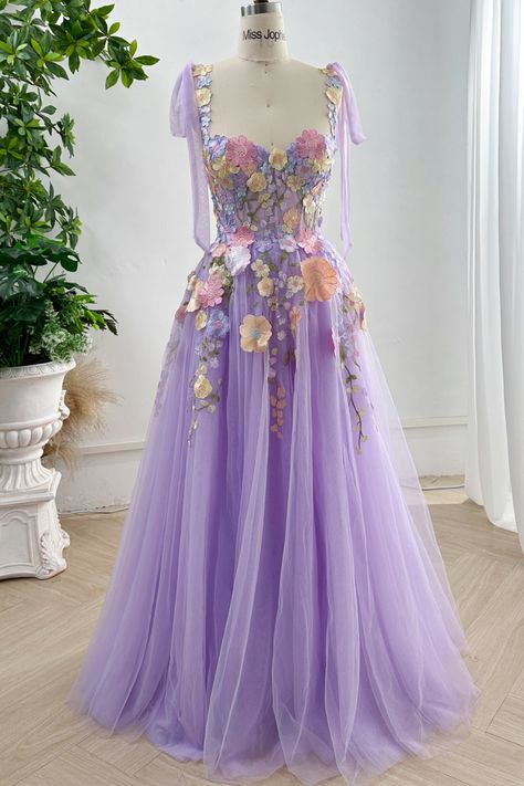 Colourful Formal Outfit, Purple Clothes Aesthetic, Art In Fashion, Lavender Outfit, Floral Floor, Corset Design, Purple Prom, Lavender Dress, Simple Gowns