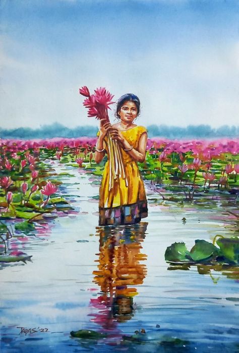 Water Colour Human Paintings, Scenery Painting With Human, Watercolor Art Village, Picture Composition Painting, Watercolor Paintings Scenery Beautiful, Water Colour Drawing Scenery, Water Colour Senary Painting, Kerala Watercolor Paintings, Water Colour Landscape Paintings