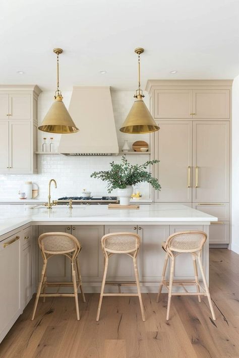 19 Beige Kitchen Ideas That Will Make You Ditch Your Whites and Greys Neutral And Gold Kitchen, Taupe And Gold Kitchen, Neutral And White Kitchen, White Quartz With Beige Veining, Oak And Beige Kitchen, Beige Grey Kitchen, Warm Beige Kitchen Cabinets, Light Color Kitchen Ideas, Light Cream Kitchen