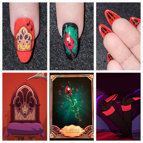 Alastor Nail Art, Alastor Nails, Helluva Boss Nails, Hazbin Hotel Nails, Fake Nails Designs, Anime Nails, Really Cute Nails, Kawaii Nails, Cute Nail Art