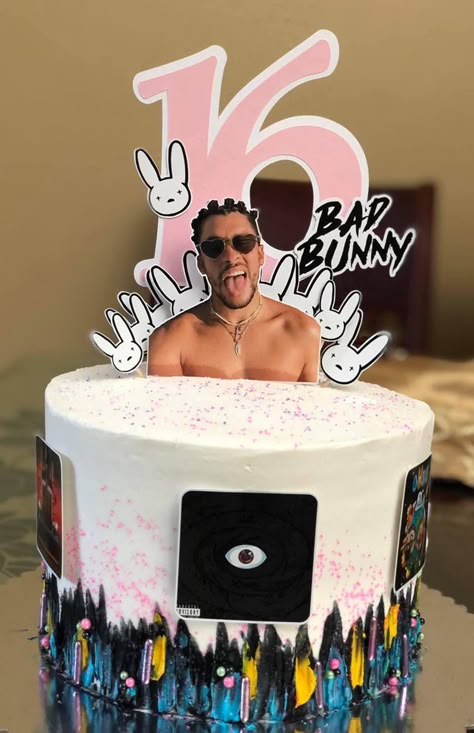 Bad Bunny Birthday Party Decorations, Bad Bunny Birthday Cake, Bad Bunny Cake, Bunny Birthday Cake, 18th Birthday Party Themes, Christmas Gifts For Teenagers, Bunny Birthday Party, Bunny Poster, 21st Bday Ideas