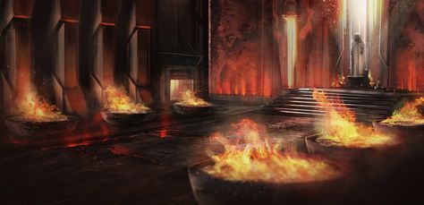 Concept Art : Forge Temple by Gycinn Fantasy Forge Concept Art, Miyamoto Musashi Art, Dwarven City, Flame Art, Throne Room, Temple Art, Fantasy City, Fantasy Places, Fantasy Art Landscapes