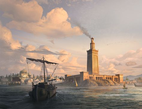 Alexandria Lighthouse Of Alexandria, Ancient Alexandria, Egyptian Wall Art, Egyptian Kings, Arabian Art, Ancient Egyptian Art, Fantasy City, Egyptian Art, Ancient Rome