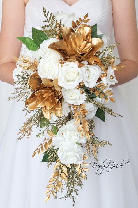 Gold and white wedding flowers. This bouquet is made with gold succulents and gold berries. All of our flowers are made with artificial flowers. Bridal Colors, Gold Wedding Bouquets, Gold And White Wedding, Gold Wedding Flowers, Bridal Wedding Flowers, Gold Bouquet, Brides Bouquet, Cascade Bouquet, White Wedding Flowers