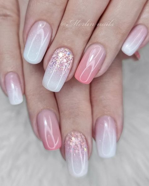 Rose Pink And White Nails, Pink And White Ombre Nails Valentines Day, Pink And White Ombre Valentine Nails, Trendy Nails Ombre Pink, Pink Ombre Nail Designs Glitter, Pink And White Ombre Glitter Nails, Trendy Nails Ombre Glitter, White Pink Gold Nails, Pink And White Nails With Design