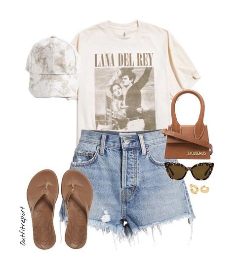 Tee And Shorts Outfits, Beige Graphic Tee Outfit, Band Tees Outfits, Styling Denim Shorts, Lana Del Rey Graphic, Animal Print Sunglasses, Beige Cap, Brown Slippers, Outing Outfit